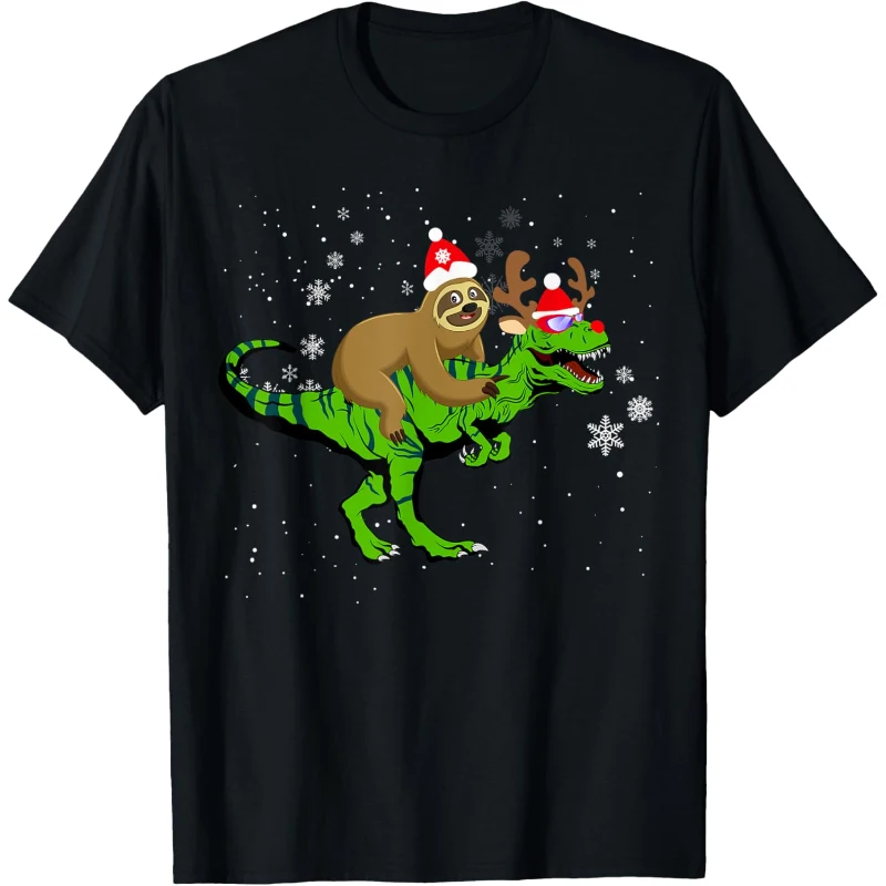Cute Sloth Riding a T Rex Going for Christmas Party T-shirt Tee | Christmas