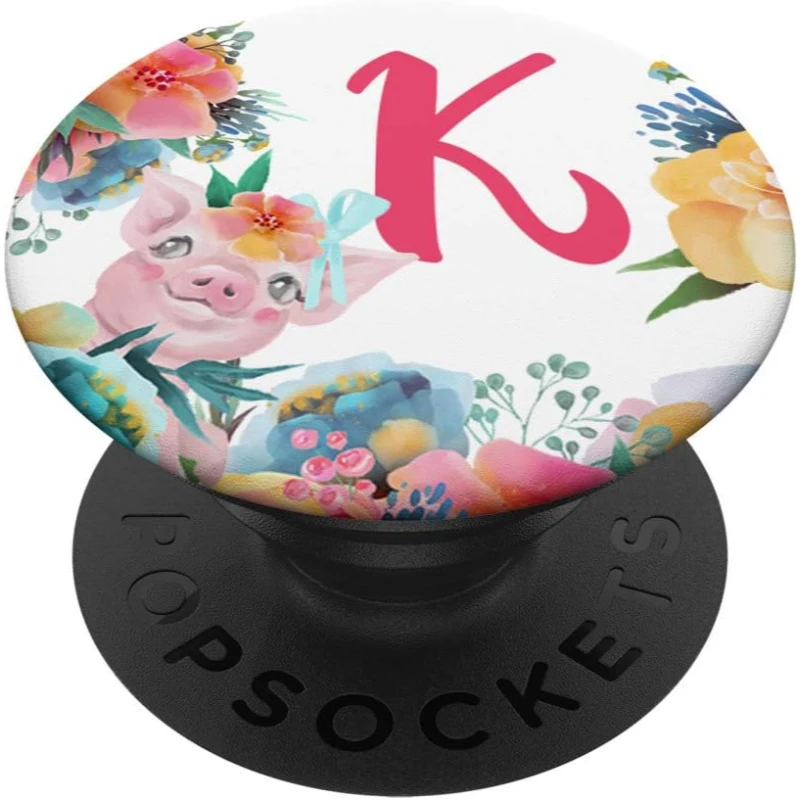 Pretty Pig With Flowers Monogram Name Initial Letter K PopSocket Gift for Couples