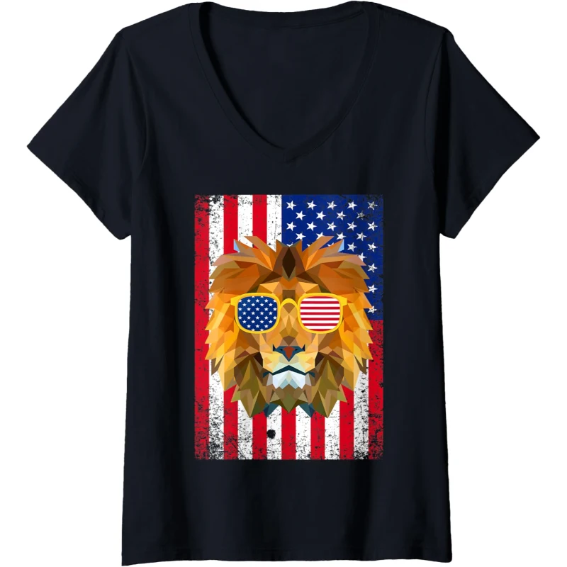 Patriotic Lion 4th of July Sunglasses USA American Flag V-Neck Tee Gift for Lovers