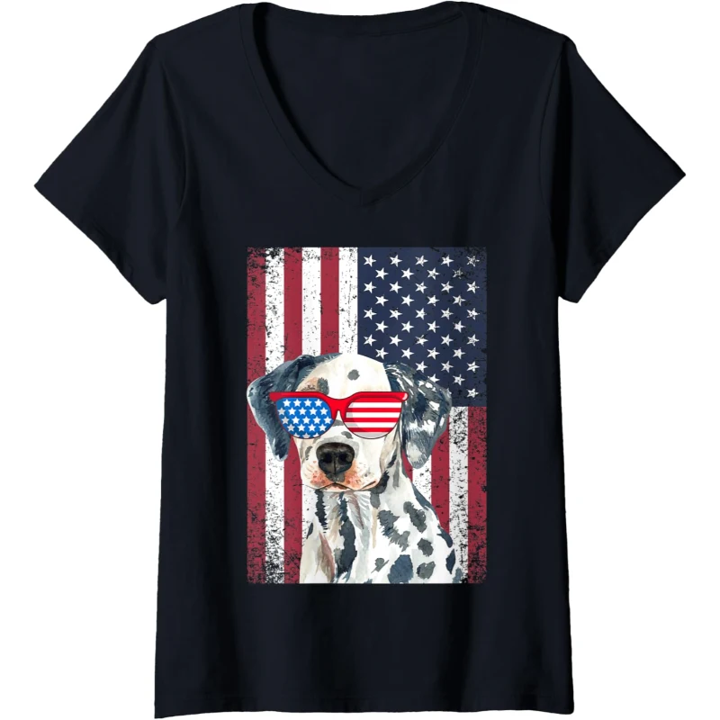 Patriotic Dalmatian 4th of July Sunglasses USA American Flag V-Neck Tee Gift for Lovers