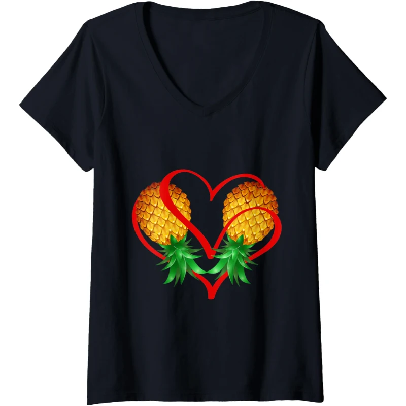 Couple Swinger Upside Down Pineapple with Red Heart V-Neck Tee | Valentine's Day Gift