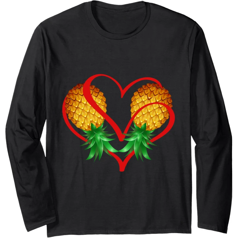 Couple Swinger Upside Down Pineapple with Red Heart Long Sleeve Tee | Valentine's Day