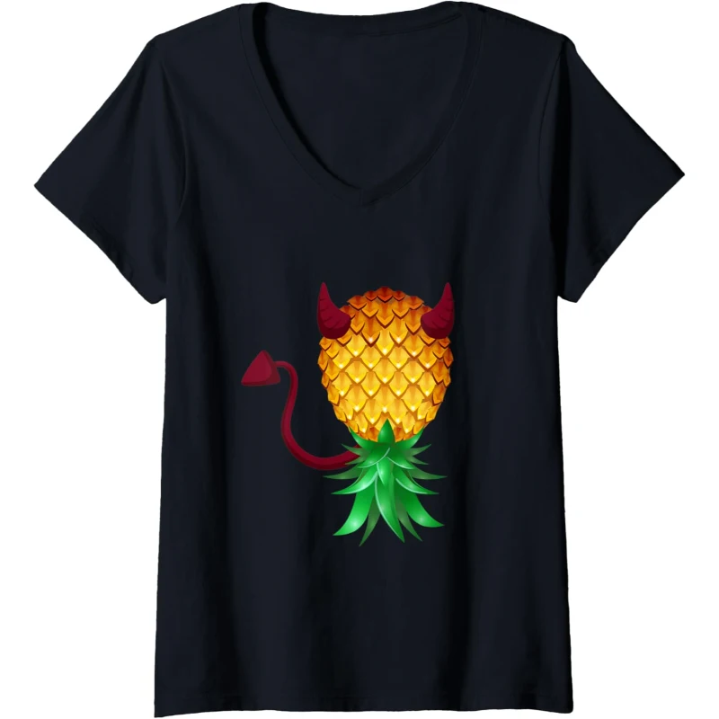 Swinger Upside Down Bad Pineapple Devil Horn V-Neck Tee | Halloween Gift for Couples