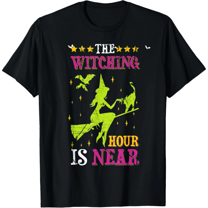 The Witching Hour is Near Distressed Halloween Witch Broom Funny Tee Halloween Gift