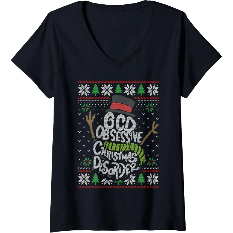 Funny OCD - Obsessive Christmas Disorder Ugly Pattern Funny V-Neck Tee Christmas Gift