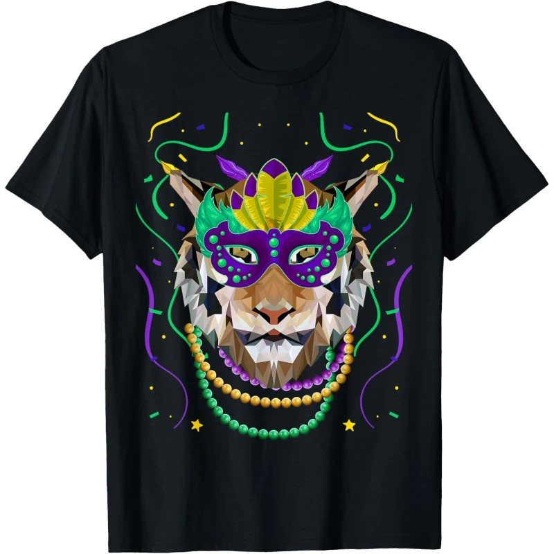 Mardi Gras Striped Tiger Polygon Wearing Mask Beads Tee | Mardi Gras Gift for Lovers