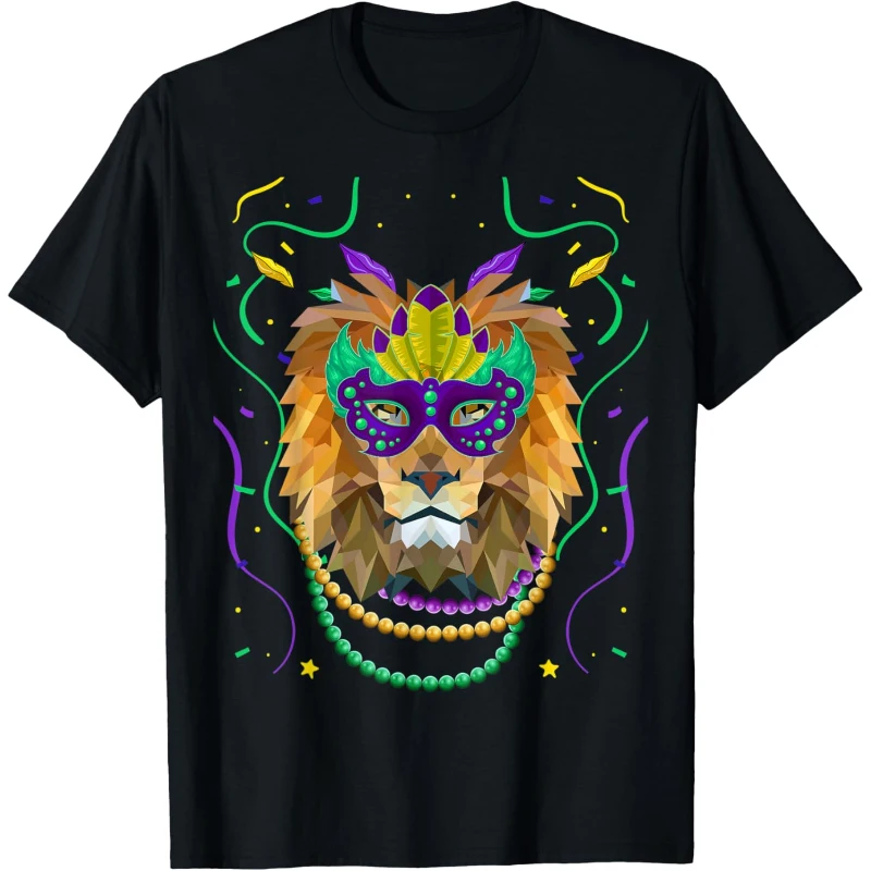 Mardi Gras Lion Polygon Wearing Mask Beads Tee | Mardi Gras Gift for Lovers