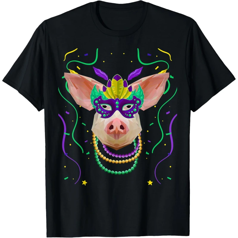 Mardi Gras Pink Pig Polygon Wearing Mask Beads Tee | Mardi Gras Gift for Lovers