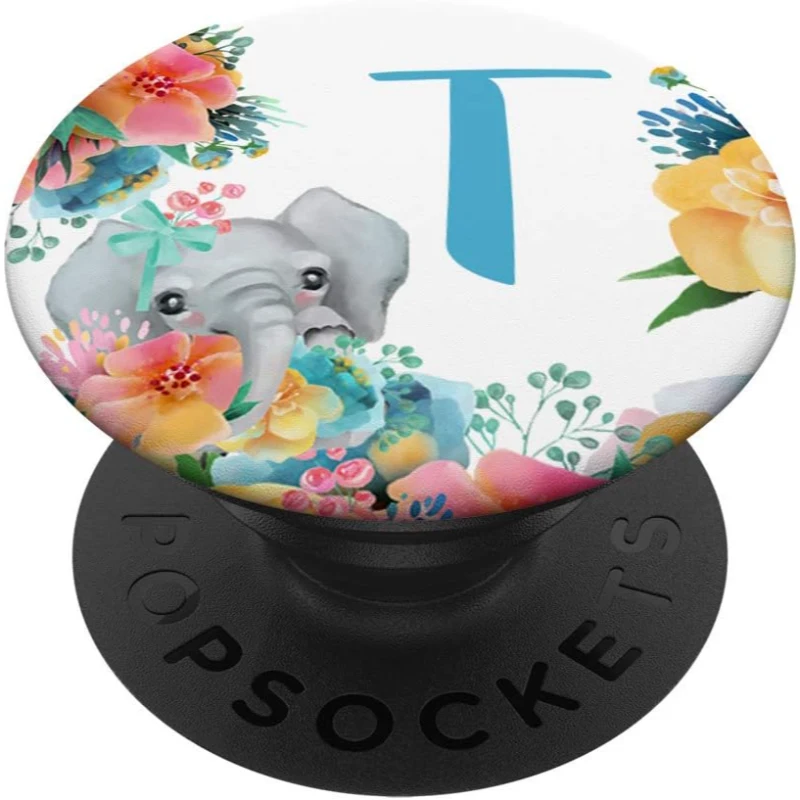Pretty Elephant Baby With Flowers Monogram Initial Letter T PopSocket Gift for Mom