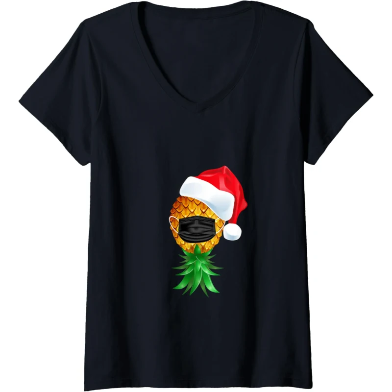 Santa Hat Swinger Upside Down Pineapple Mask Funny V-Neck Tee Christmas Gift