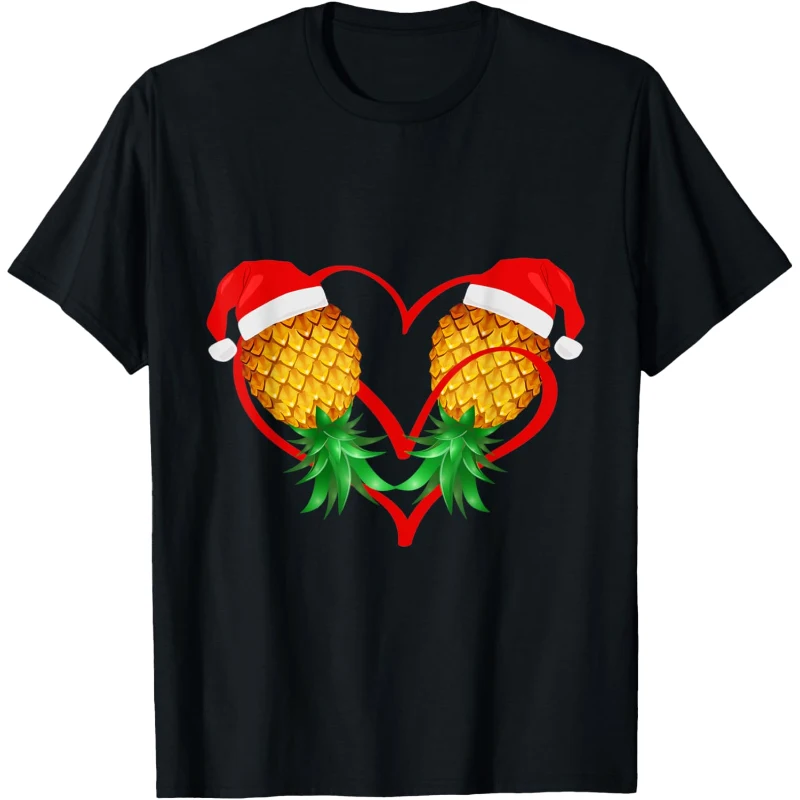 Santa Hat Couple Swinger Upside Down Pineapple Red Heart Tee | Christmas Gift for Couples