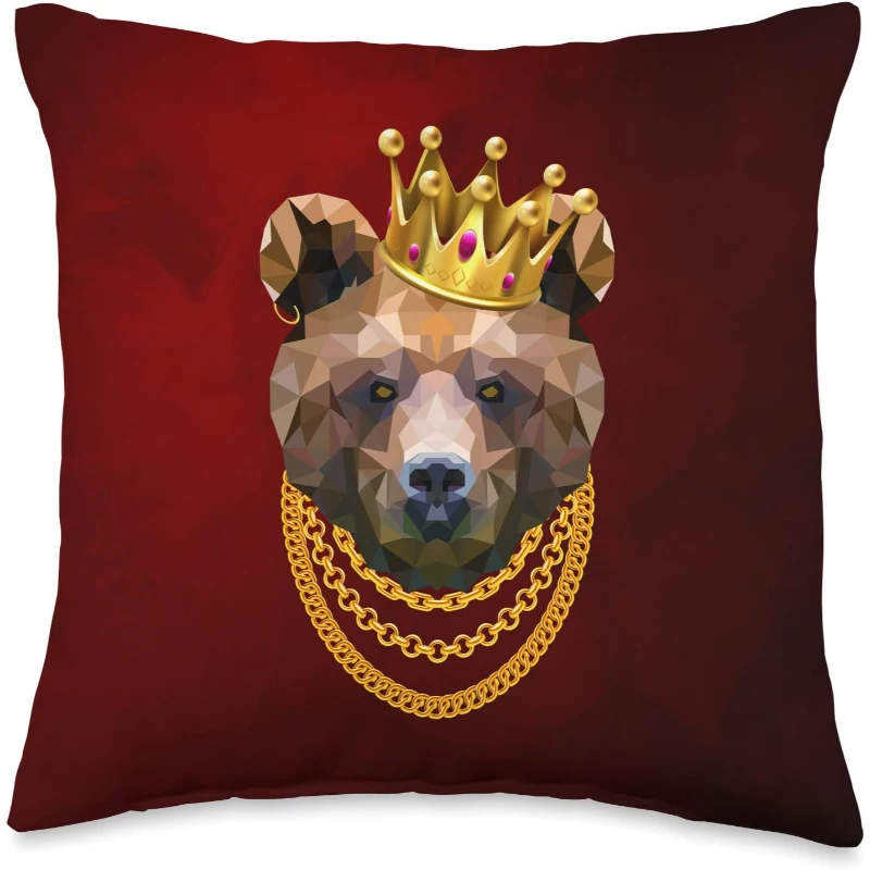 Brown Bear Gangster King with Crown Rap Style Throw Pillow Gift for Music Lovers