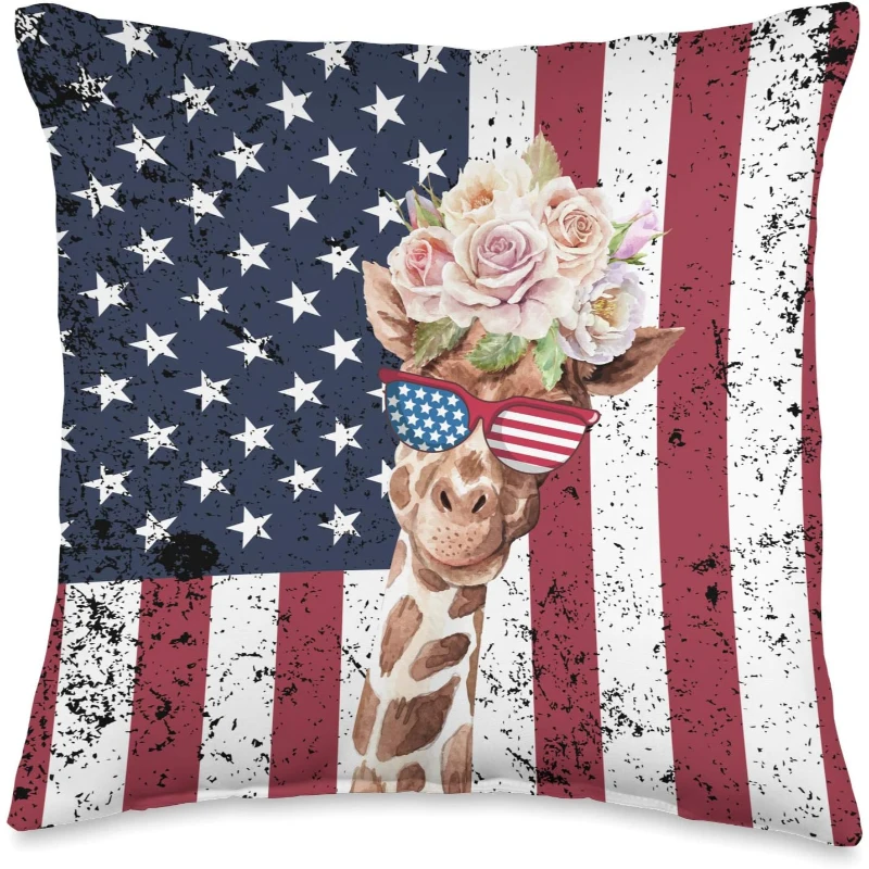 Patriotic Giraffe Vintage Distress US Flag Throw Pillow Gift for Lovers