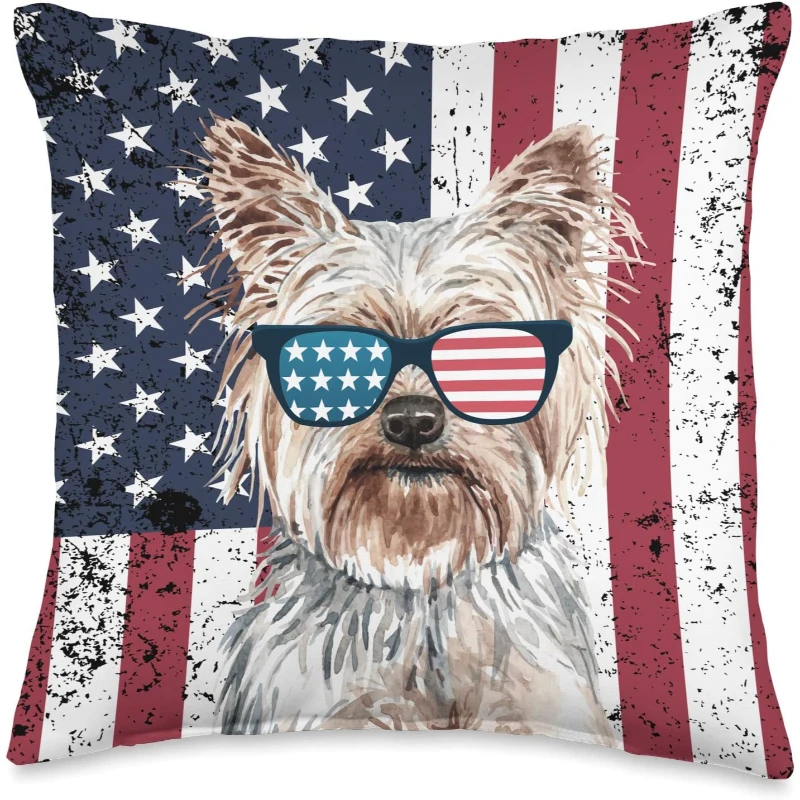 Patriotic Yorkshire Terrier Dog Vintage Distress US Flag Throw Pillow Gift for Lovers