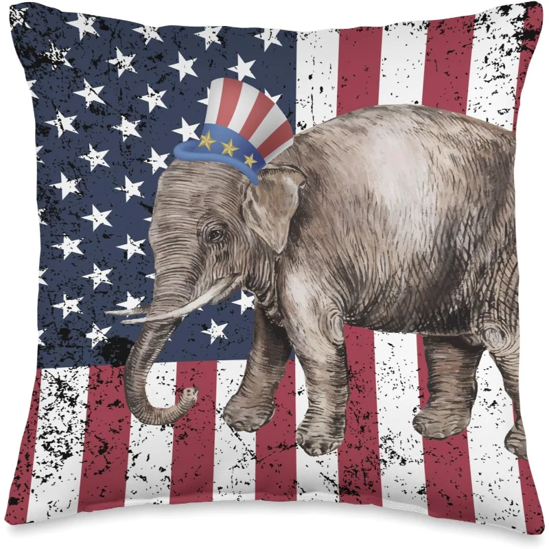 Patriotic Elephant Vintage Distress US Flag Throw Pillow Gift for Lovers