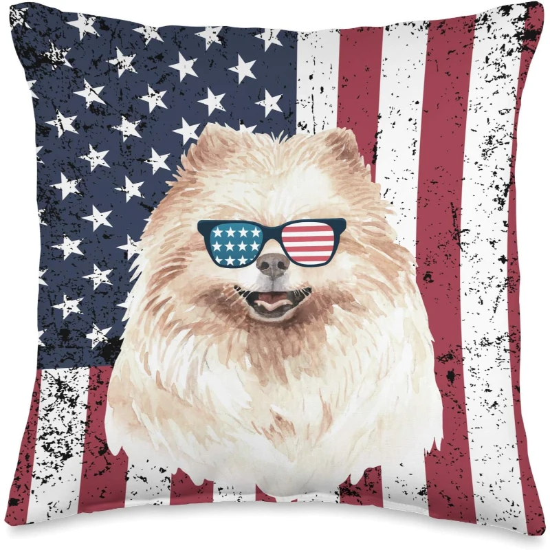 Patriotic Pomeranian Dog Vintage Distress US Flag Throw Pillow Gift for Lovers
