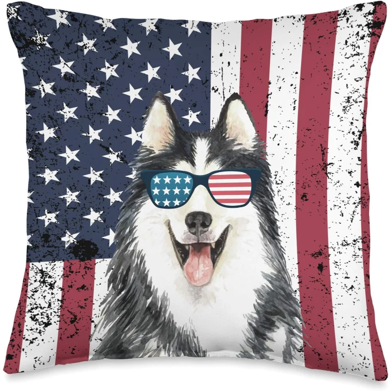 Patriotic Siberian Husky Dog Vintage Distress US Flag Throw Pillow Gift for Lovers