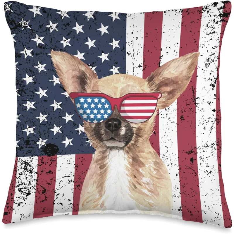 Patriotic Chihuahua Dog Vintage Distress US Flag Throw Pillow Gift for Lovers