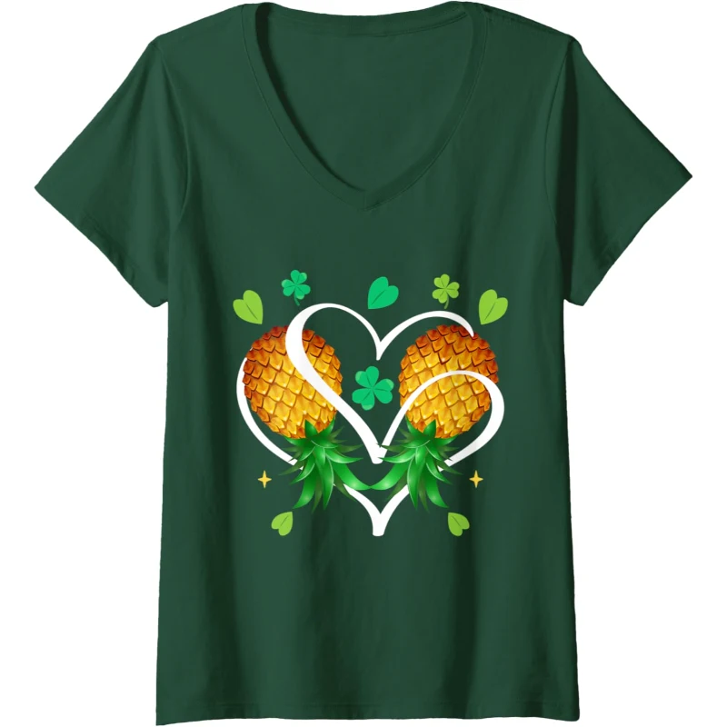 Lucky Couple Swinger Upside Down Pineapple Heart Shamrock V-Neck Tee Gift for Couples