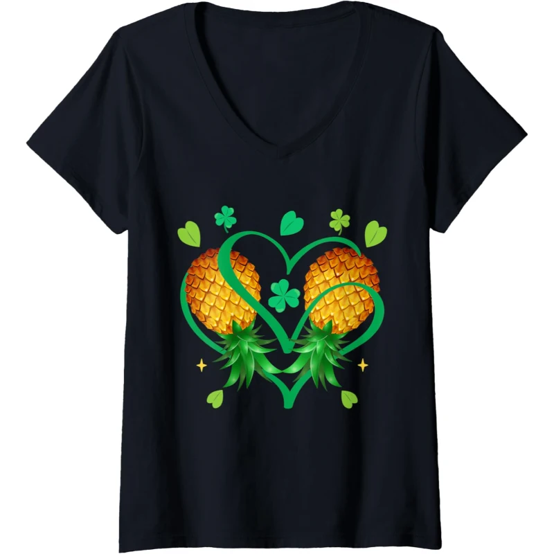 Couple Upside Down Pineapple Heart Shamrock St. Patricks Day V-Neck Tee | St. Patrick...