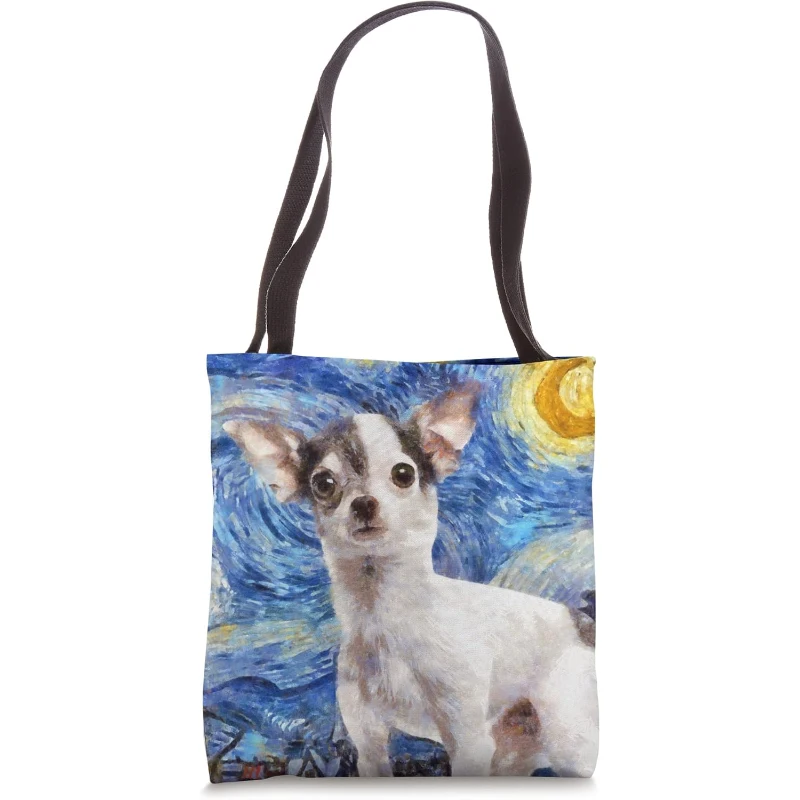 Starry Night White Chihuahua Dog Painting Dog Lovers Starry Night Cute Animals Tote Bag