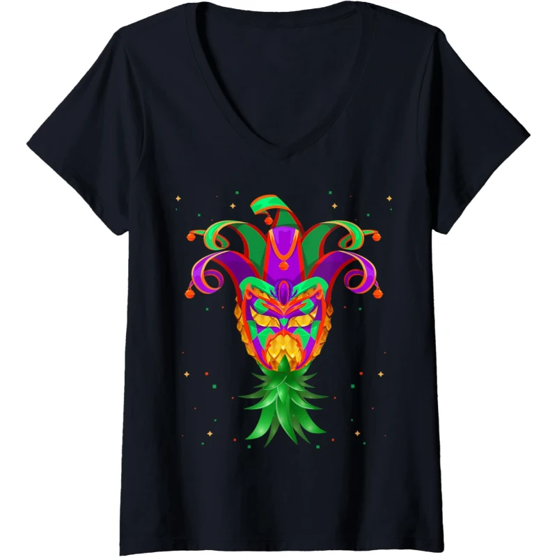Mardi Gras Jester Hat Mask Swinger Upside Down Pineapple V-Neck Tee | Mardi Gras Gift...