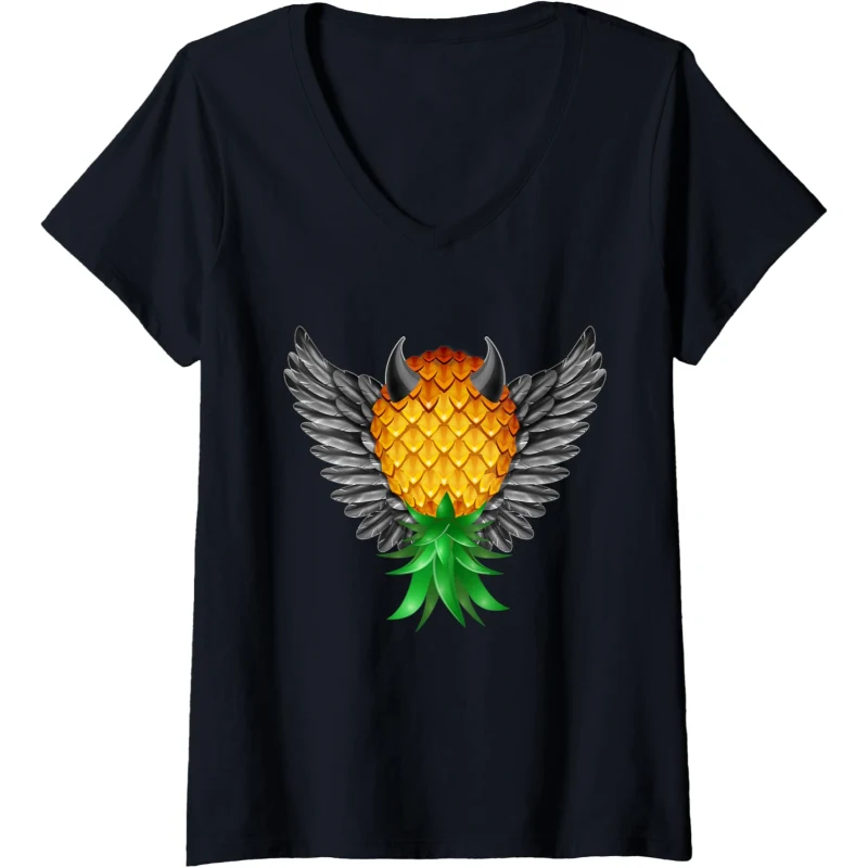 Swinger Upside Down Bad Pineapple Black Devil Horn Wings V-Neck Tee | Halloween Gift ...