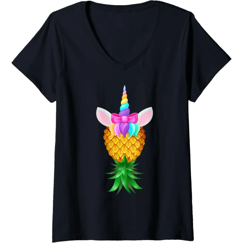 Swinger Upside Down Pineapple Magical Unicorn Rainbow Head V-Neck Tee | Halloween Gif...