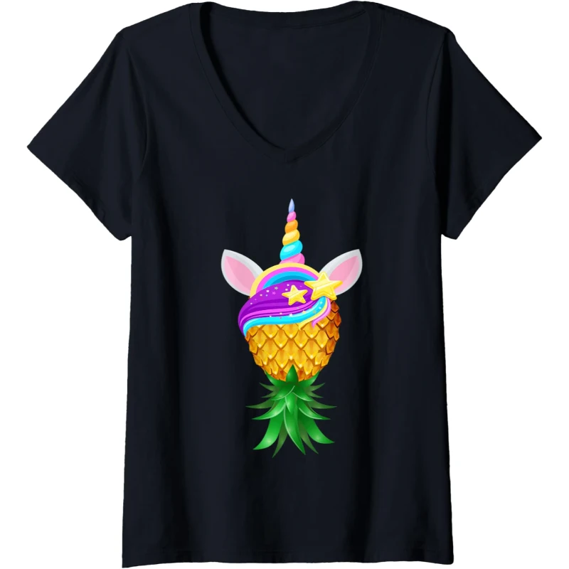 Swinger Upside Down Pineapple Magical Unicorn Head V-Neck Tee | Halloween Gift for Co...