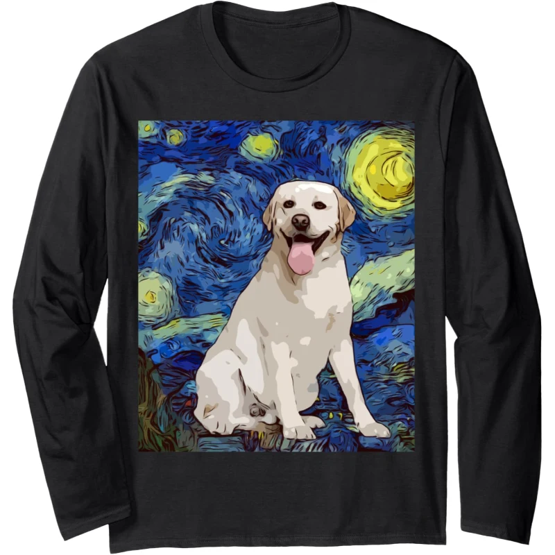 Starry Night White Labrador Dog Painting Dog Lovers Long Sleeve Tee Gift for Women