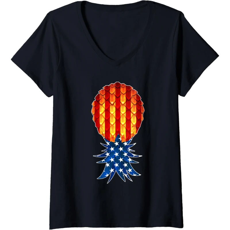 Swinger Upside Down Pineapple USA Flag 4th of July V-Neck Tee Gift for Couples