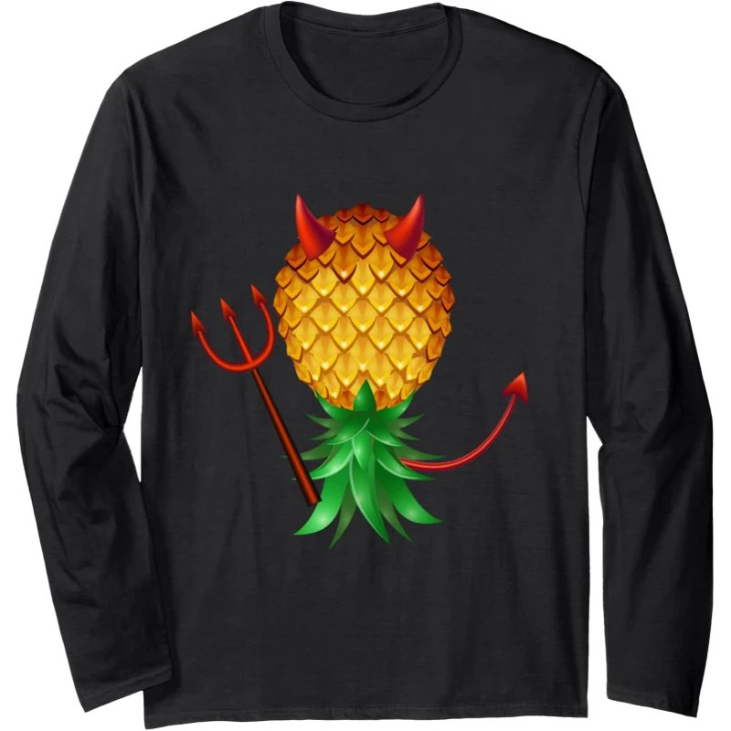 Swinger Upside Down Evil Pineapple Devil Horn with Fork Long Sleeve Tee | Halloween G...