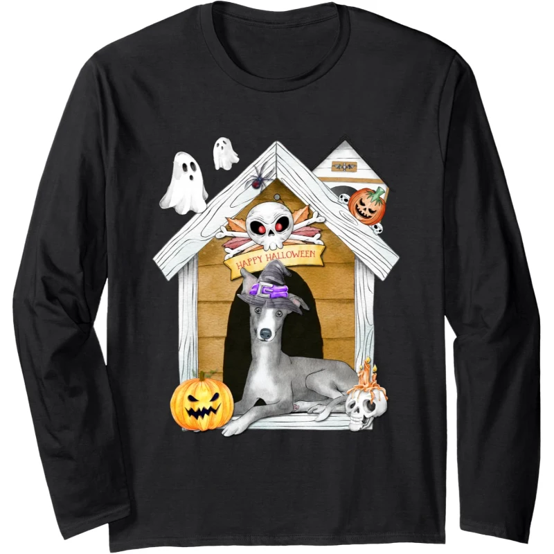 Halloween Greyhound Dog Witch Haunted House Long Sleeve Tee | Halloween Gift for Lovers