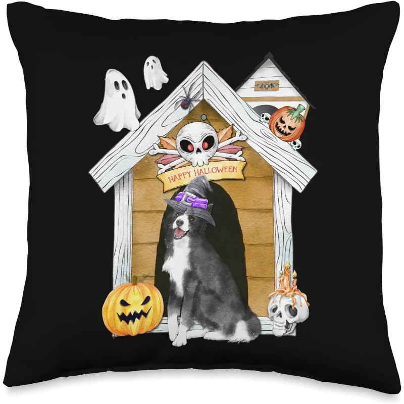 Halloween Border Collie Dog Witch Haunted House Throw Pillow | Halloween Gift for Lovers