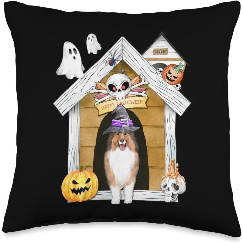 Halloween Shetland Sheepdog Dog Witch Haunted House Throw Pillow | Halloween Gift for...
