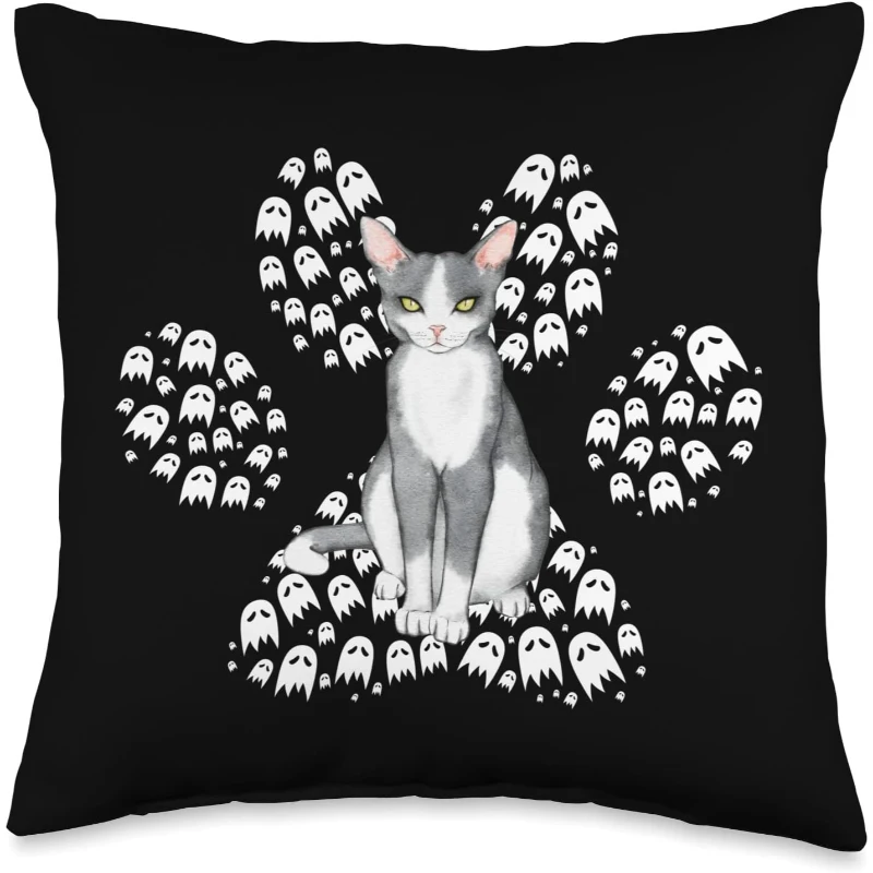 Halloween Devon Rex Tuxedo Cat Ghosts Cat Paw Throw Pillow | Halloween Gift for Cat L...