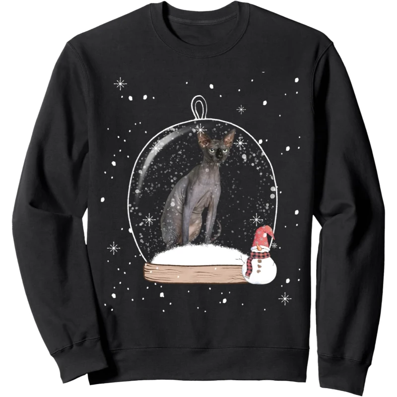 Christmas Black Sphynx Cat Snow Globe Pajama Sweatshirt | Christmas Gift for Mom