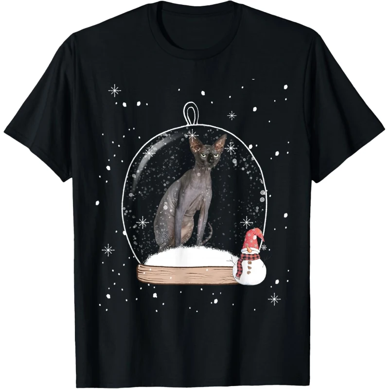 Christmas Black Sphynx Cat Snow Globe Pajama Tee | Christmas Gift for Mom