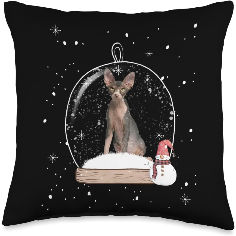 Christmas Dark Sphynx Cat Snow Globe Pajama Throw Pillow | Christmas Gift for Mom