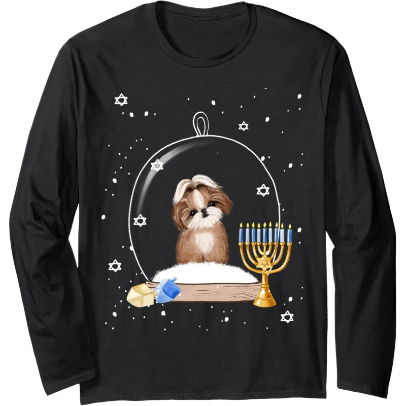 Hanukkah Shih Tzu Dog Snow Globe Pajamas Long Sleeve Tee | Birthday Gift for Men