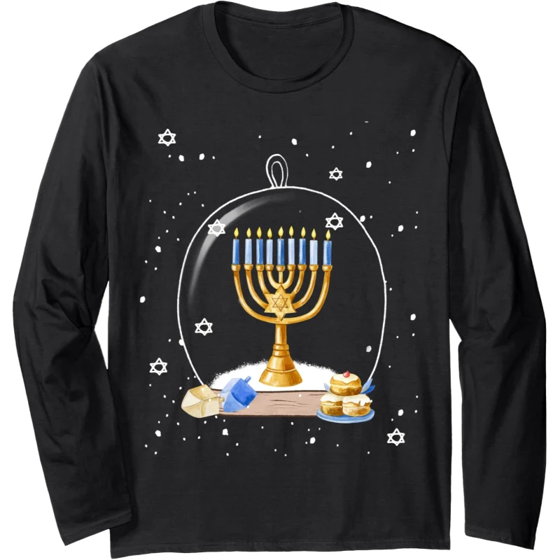 Hanukkah Lighting of The Menorah Snow Globe Long Sleeve Tee | Birthday Gift for Men