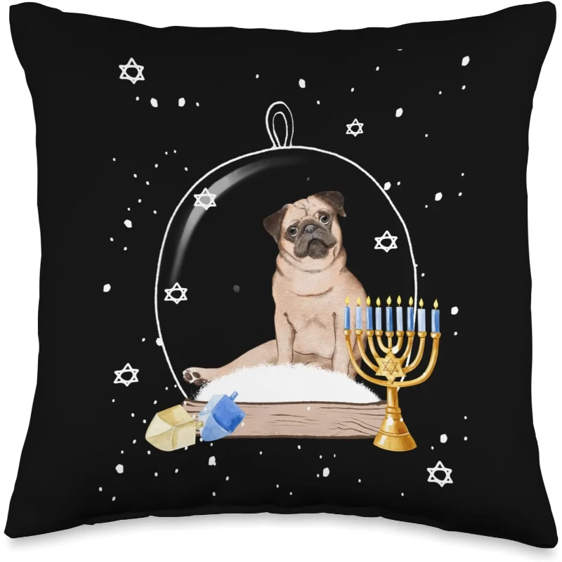 Hanukkah Pug Dog Snow Globe Pyjamas Throw Pillow | Birthday Gift for Lovers