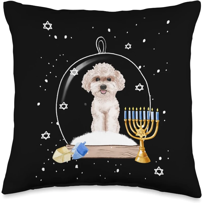 Hanukkah Poodle Dog Snow Globe Pajama Throw Pillow | Birthday Gift for Men