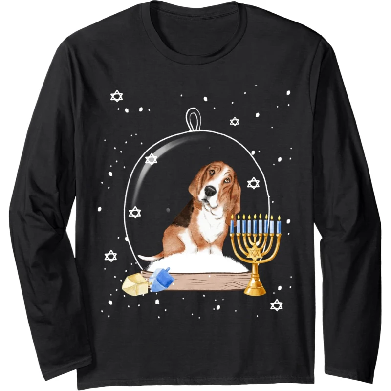 Hanukkah Basset Hound Dog Snow Globe Pajama Long Sleeve Tee | Birthday Gift for Men