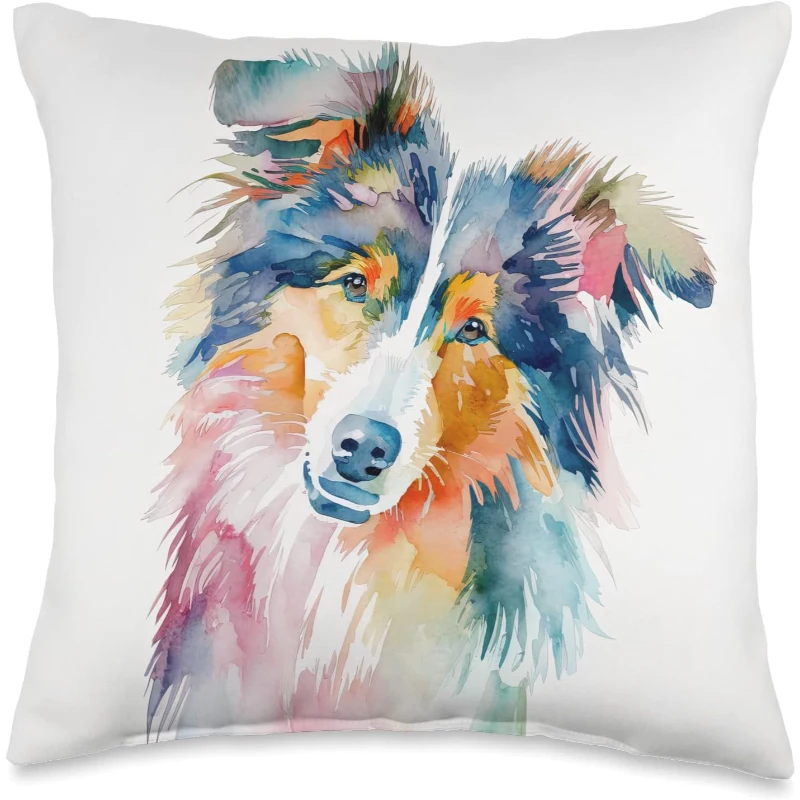 Rough Collie Dog Colorful Watercolor Dog Throw Pillow Gift for Dad