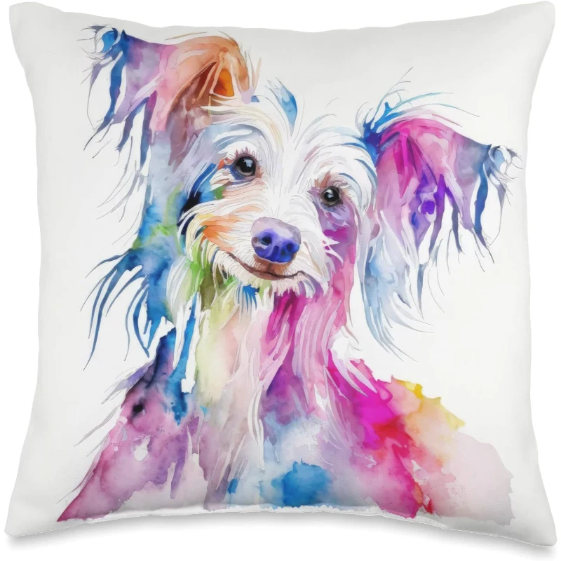 Chinese Crested Dog Colorful Watercolor Dog Throw Pillow Gift for Dad