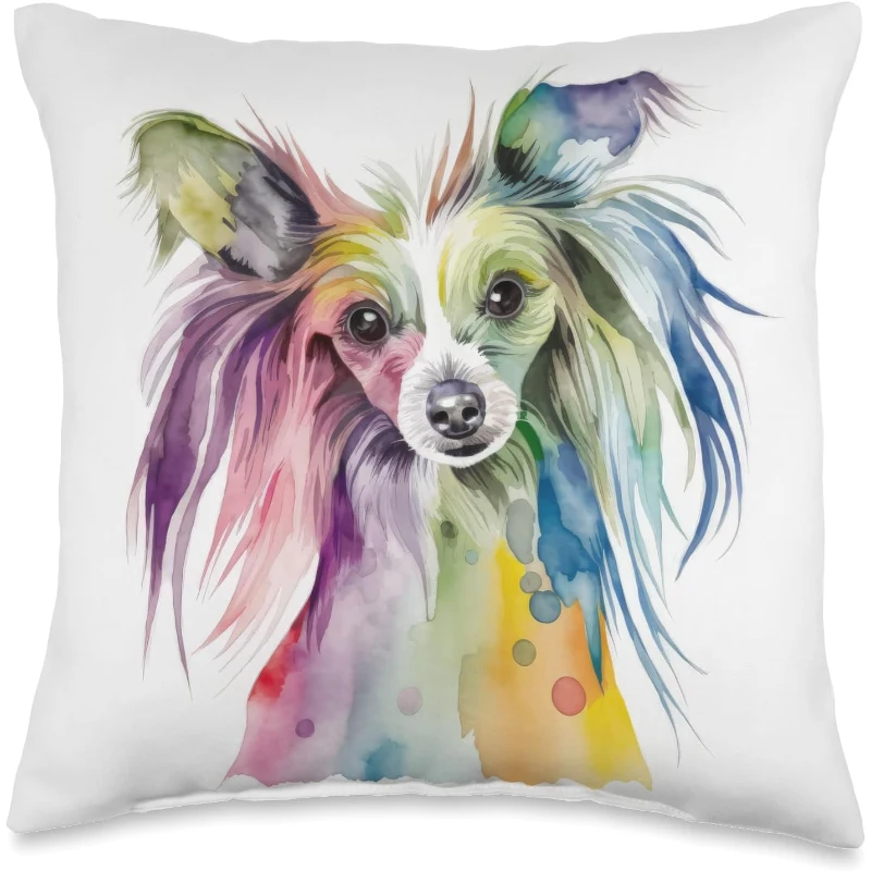 Chinese Crested Dog Colorful Watercolor Dog Throw Pillow Gift for Dad