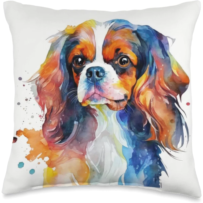 Cavalier King Charles Spaniel Dog Colorful Watercolor Dog Throw Pillow Gift for Dad