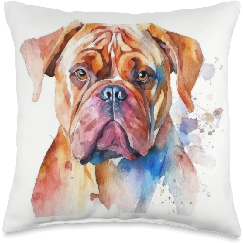 Dogue De Bordeaux Dog Colorful Watercolor Dog Throw Pillow Gift for Dad