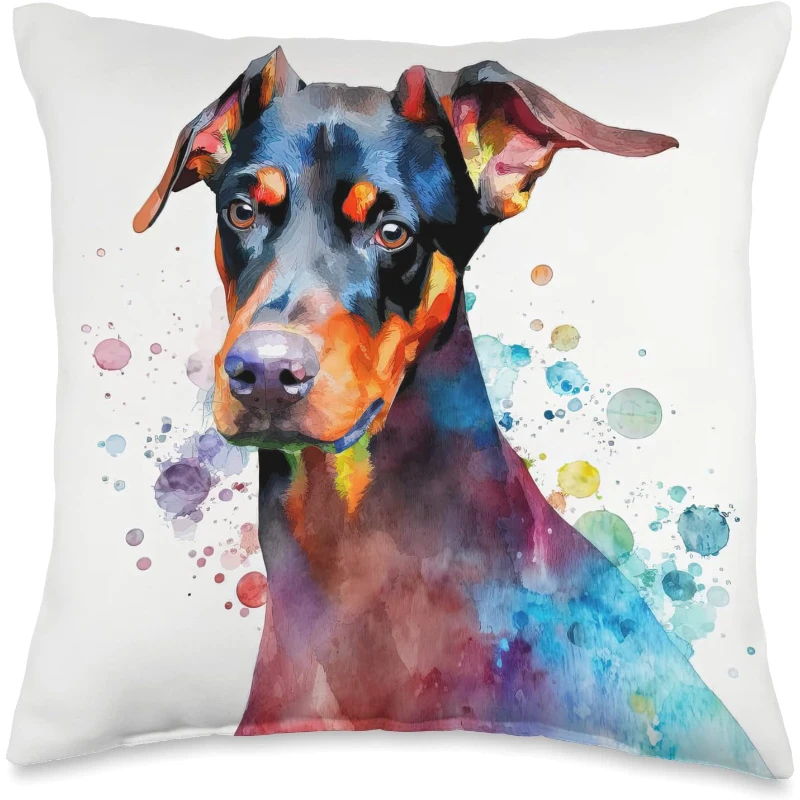 Doberman Pinscher Dog Colorful Watercolor Dog Throw Pillow Gift for Dad